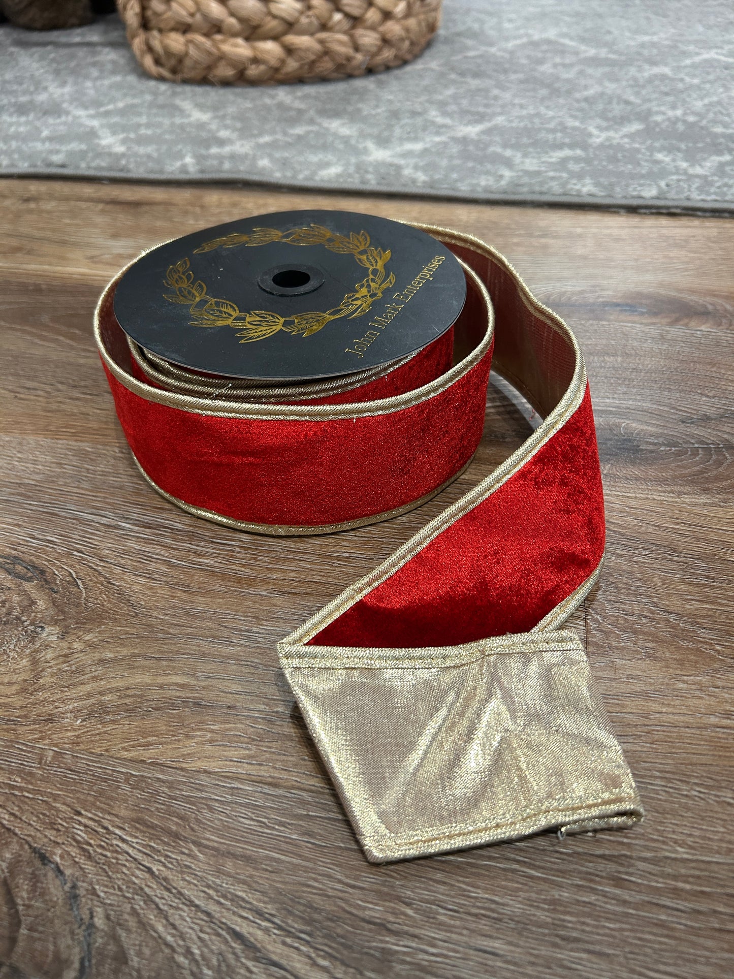 Red Velvet DBL Fused Metallic Dupion Ribbon w/ Gold Ribbon