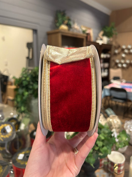 Red Velvet DBL Fused Metallic Dupion Ribbon w/ Gold Ribbon