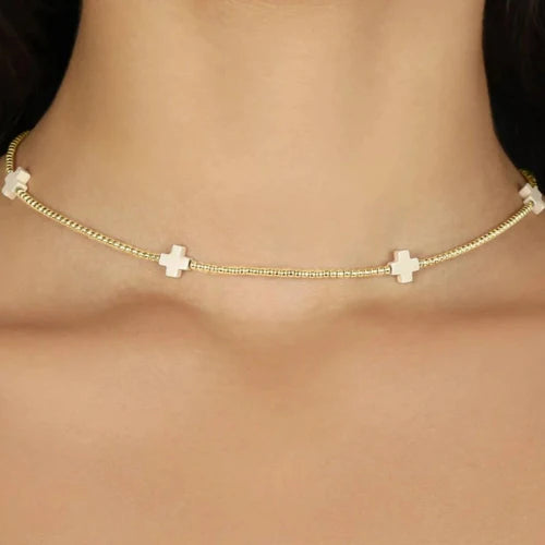 15" Signature Cross 2mm Bead Choker - Off White