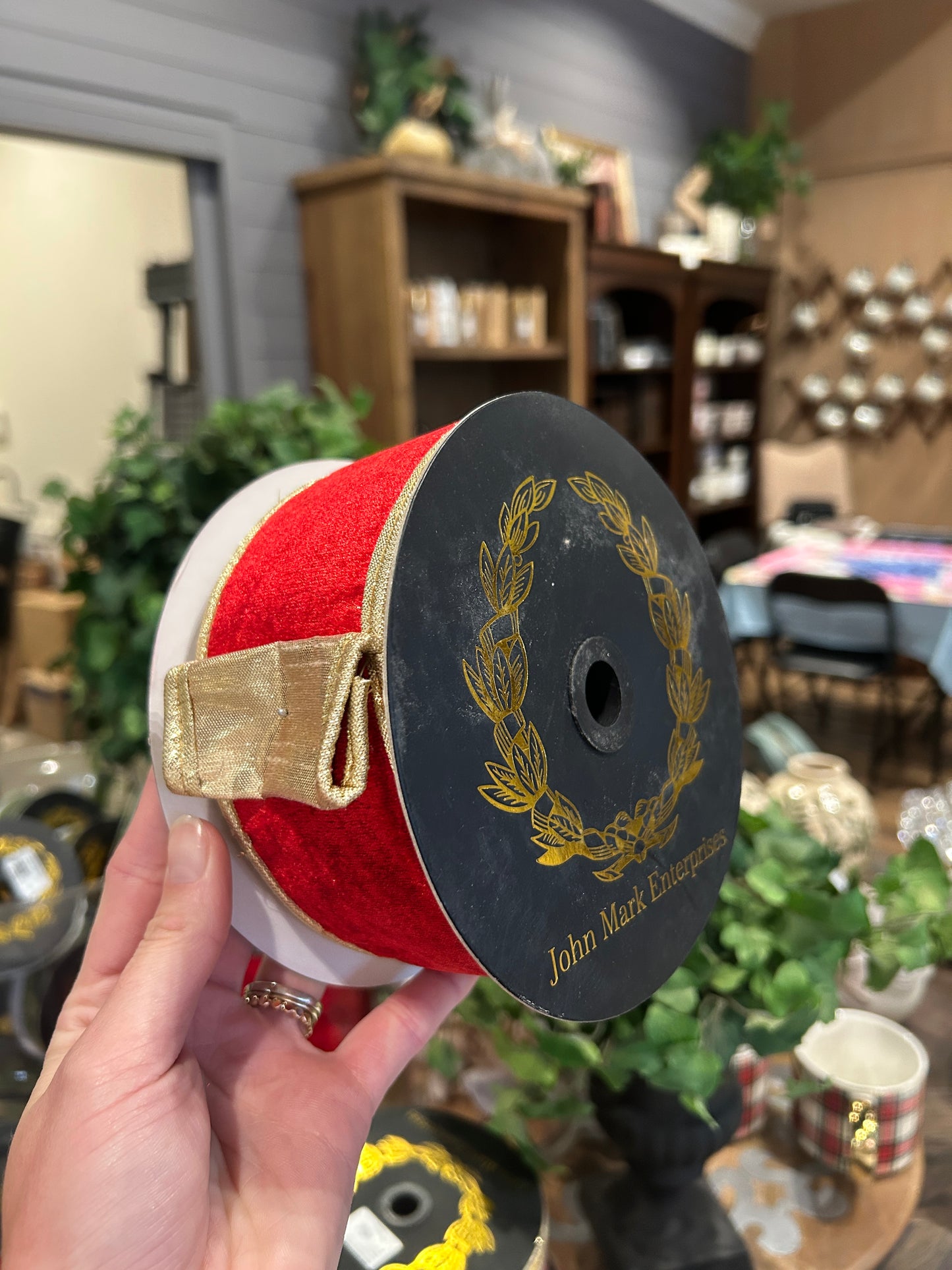 Red Velvet DBL Fused Metallic Dupion Ribbon w/ Gold Ribbon