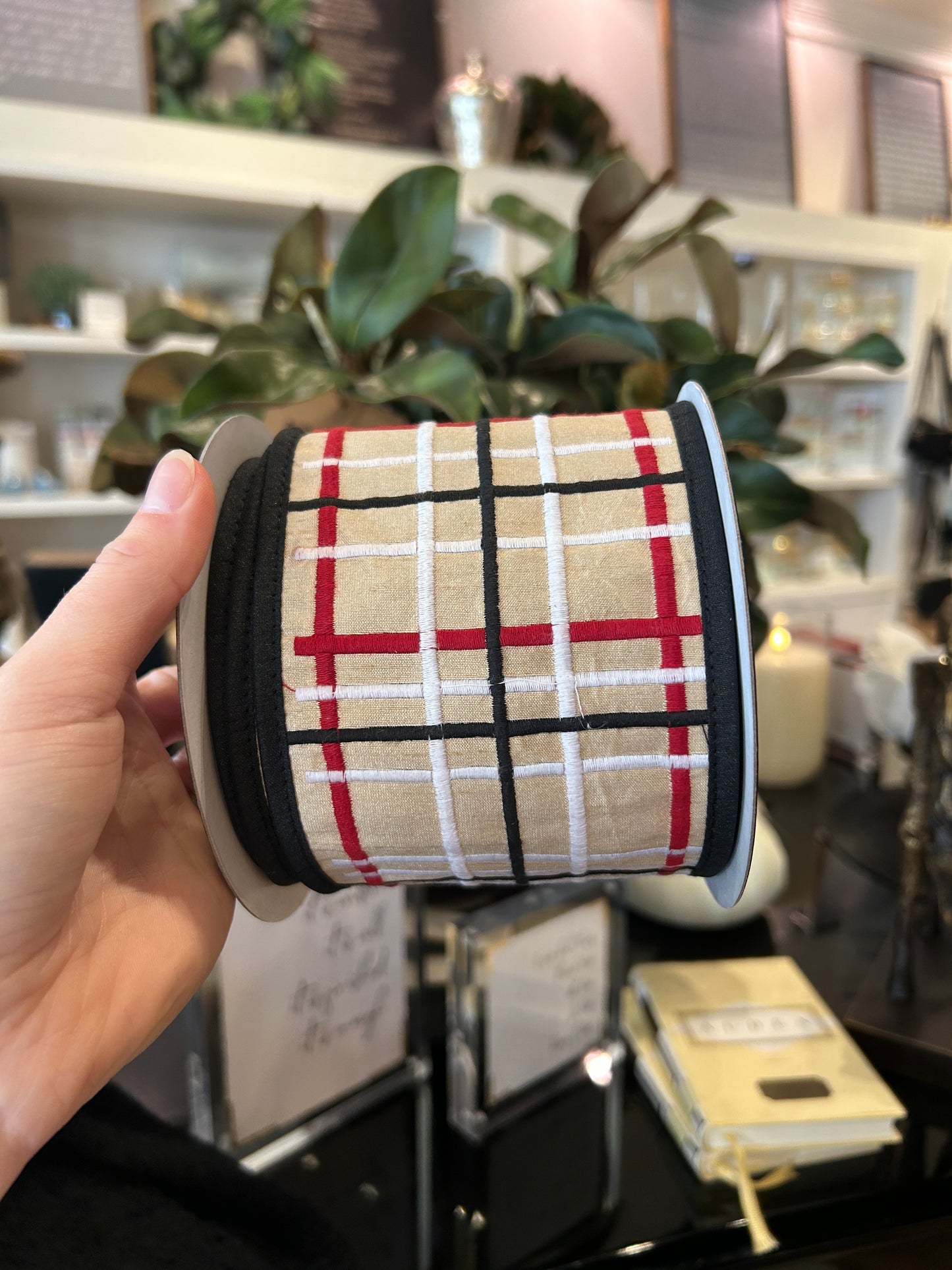 Embroidered Ivory, Gold, & Black Plaid Dupion Metallic Fused Ribbon