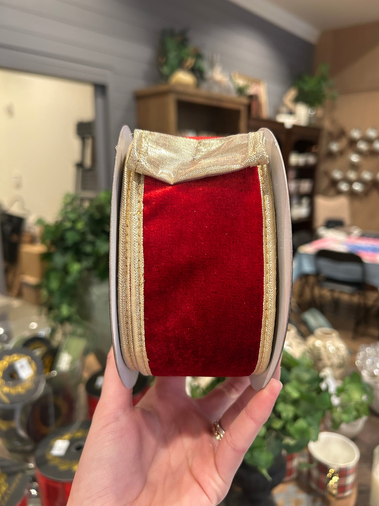 Red Velvet DBL Fused Metallic Dupion Ribbon w/ Gold Ribbon