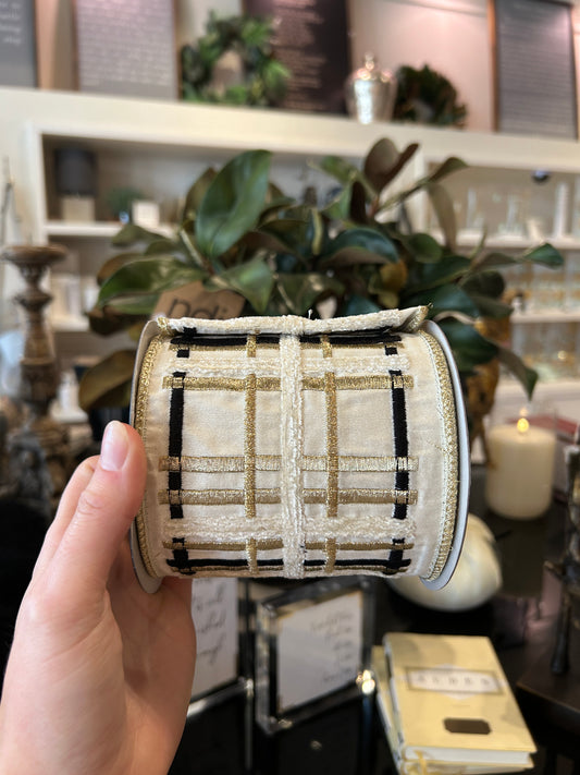 Embroidered Khaki, White, & Red Plaid Dupion Ribbon