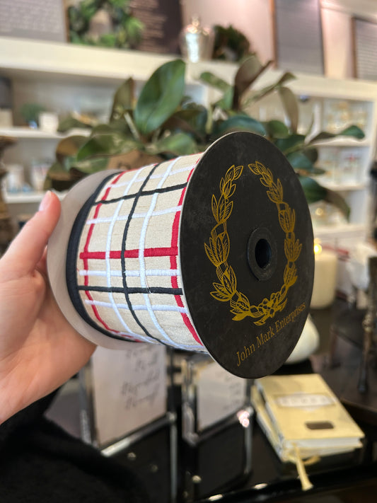 Embroidered Ivory, Gold, & Black Plaid Dupion Metallic Fused Ribbon