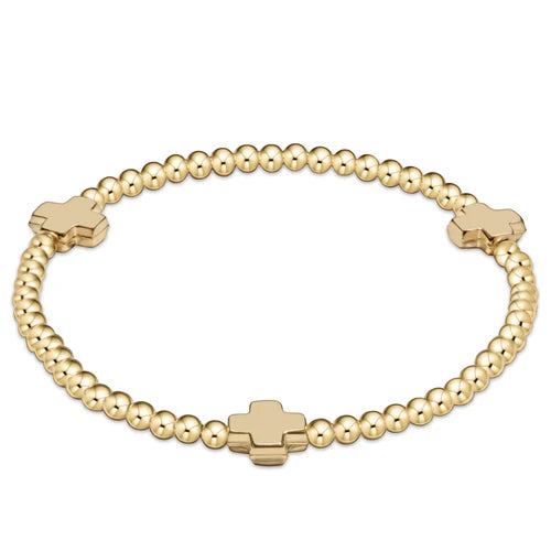 Gold Signature Cross 3mm Bead Bracelet  - Extends